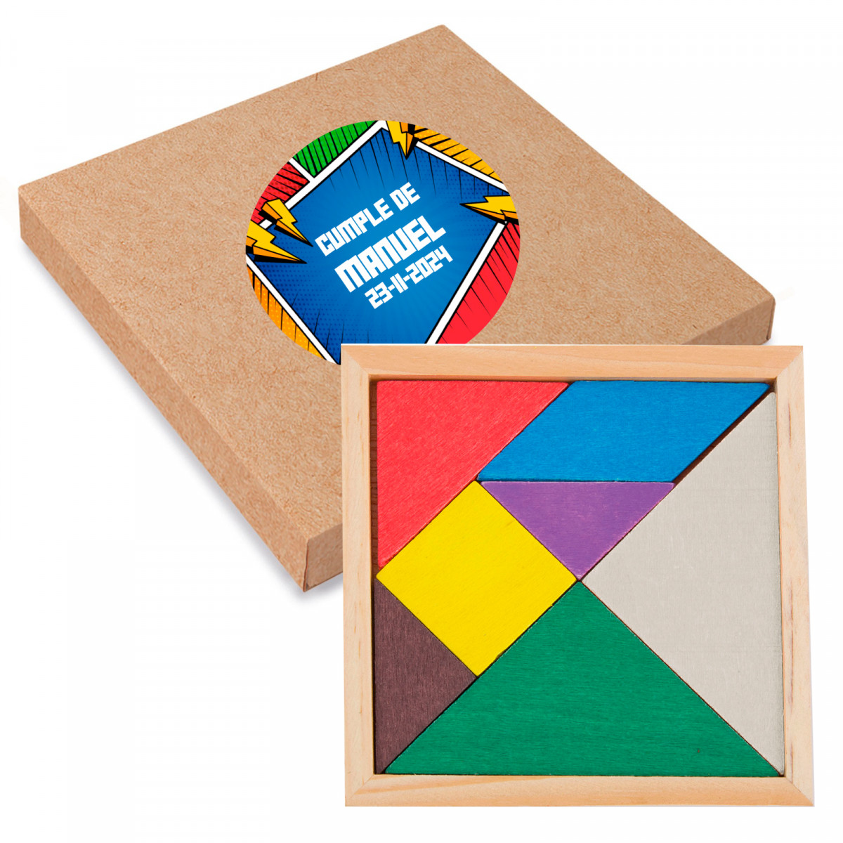 Puzzle en bois dans une boîte avec autocollant de bande dessinée de super-héros personnalisé pour les détails