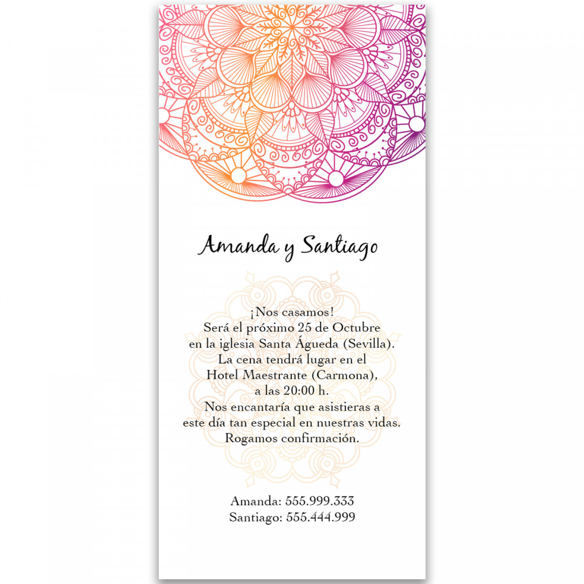 Invitation de mariage et événements avec mandala de couleurs carte verticale