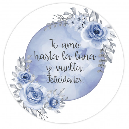 Adhésifs éditables ronds de 3 cm à personnaliser avec un fond de lune bleue et des fleurs pour des événements