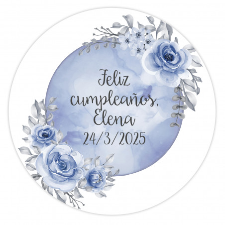Adhésifs éditables ronds de 3 cm à personnaliser avec un fond de lune bleue et des fleurs pour des événements