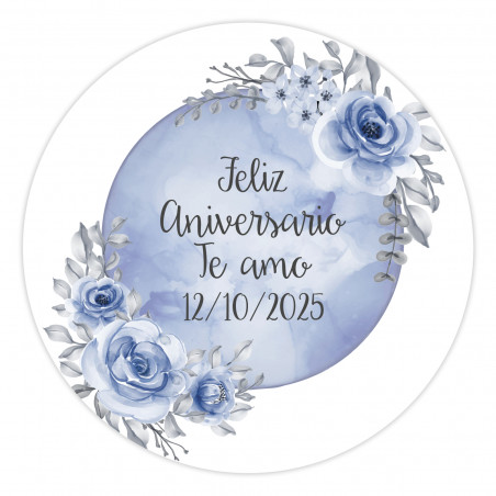 Adhésifs éditables ronds de 3 cm à personnaliser avec un fond de lune bleue et des fleurs pour des événements