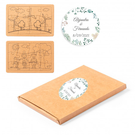 Puzzles éco présentés dans une boîte avec un autocollant personnalisable pour les détails
