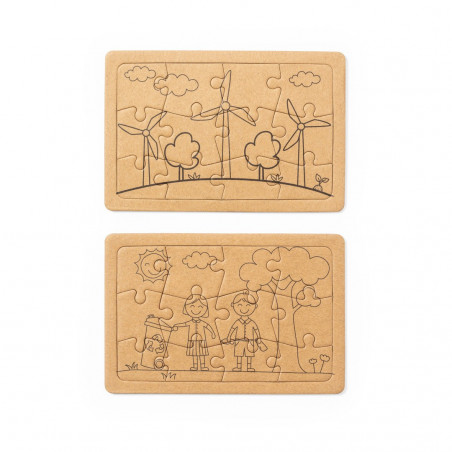 Puzzles éco présentés dans une boîte avec un autocollant personnalisable pour les détails