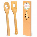 Cuillère et spatule en bambou avec décorations de Noël présentées dans une boîte de Noël avec un autocollant personnalisable