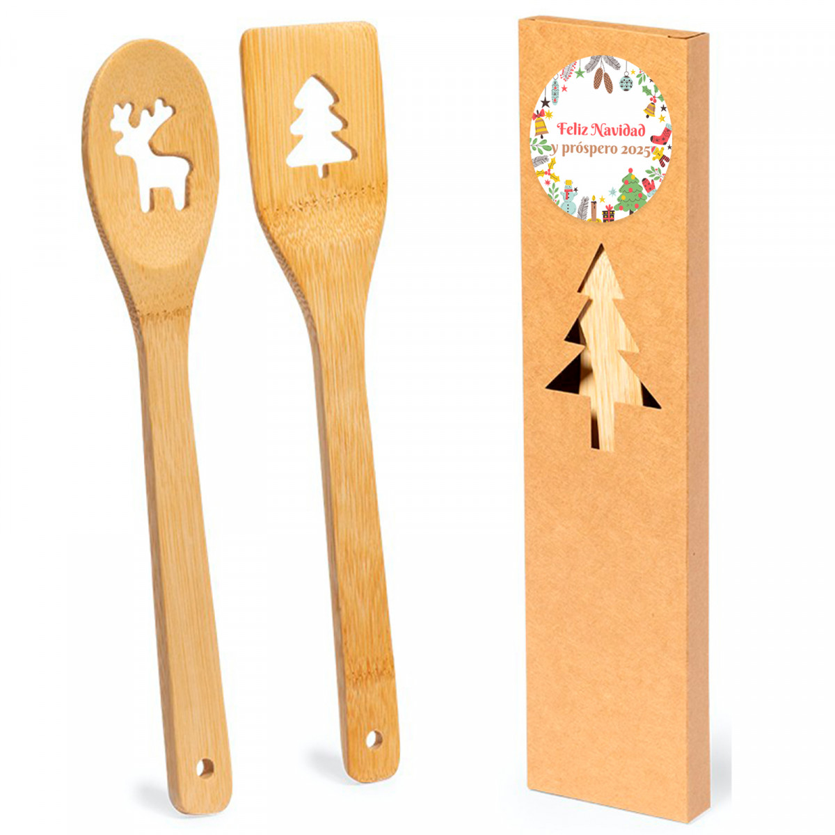 Cuillère et spatule en bambou avec décorations de Noël présentées dans une boîte de Noël avec un autocollant personnalisable