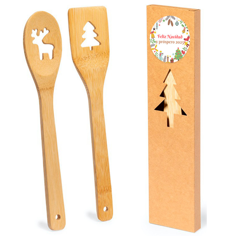 Cuillère et spatule en bambou avec décorations de Noël présentées dans une boîte de Noël avec un autocollant personnalisable