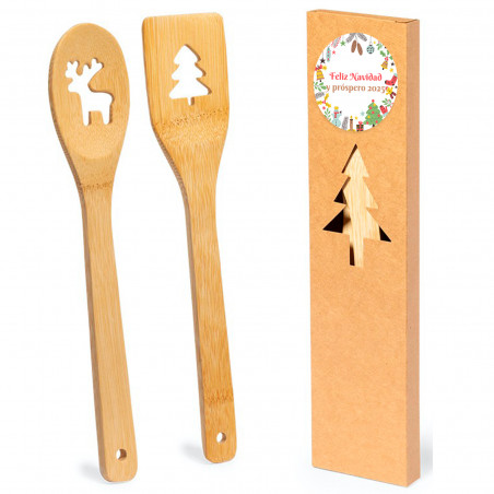 Cuillère et spatule en bambou avec décorations de Noël présentées dans une boîte de Noël avec un autocollant personnalisable