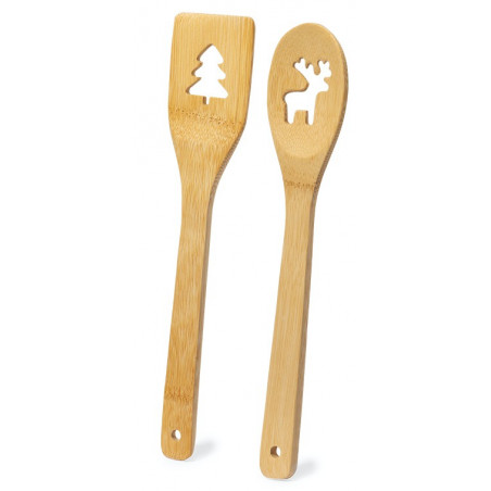 Cuillère et spatule en bambou avec décorations de Noël présentées dans une boîte de Noël avec un autocollant personnalisable