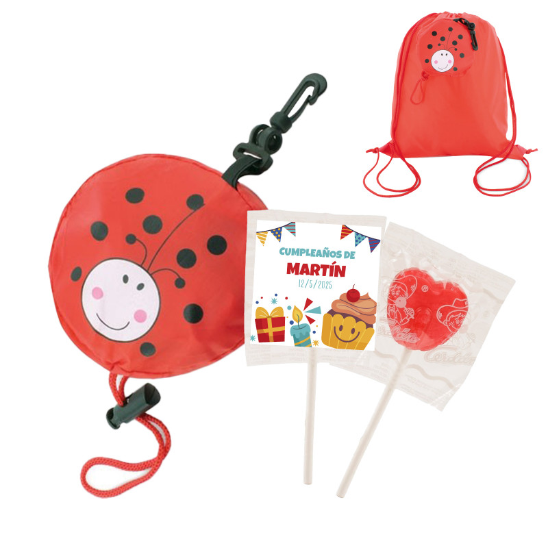 Sac à dos pliable coccinelle et sucette avec autocollant personnalisé d'anniversaire