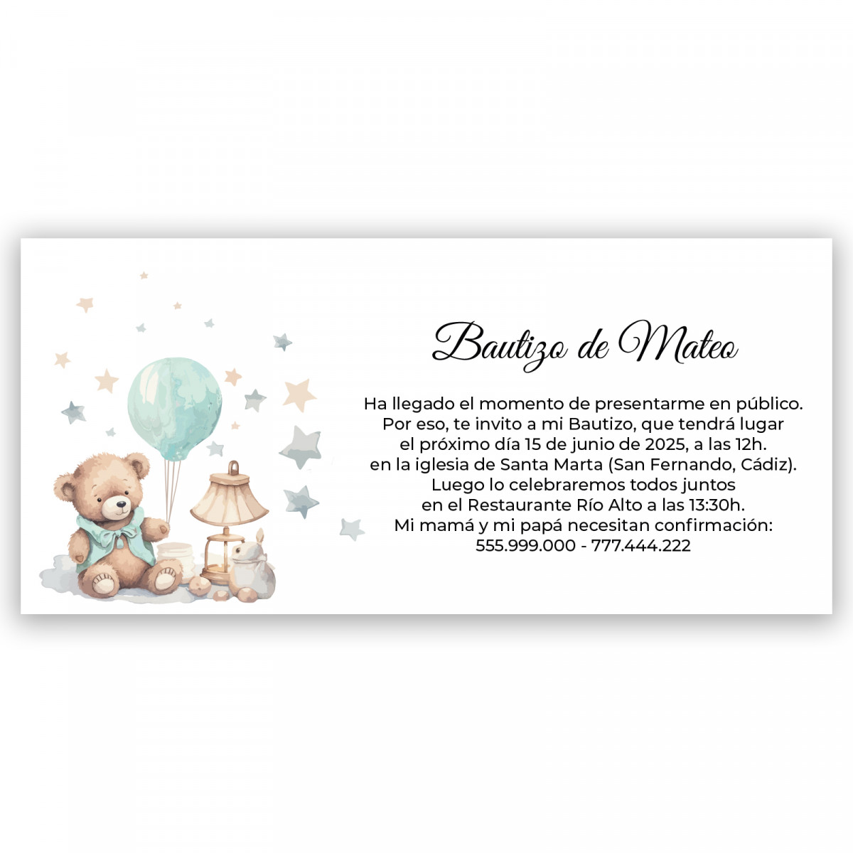 Invitation pour le baptême d'un ourson avec enveloppe blanche