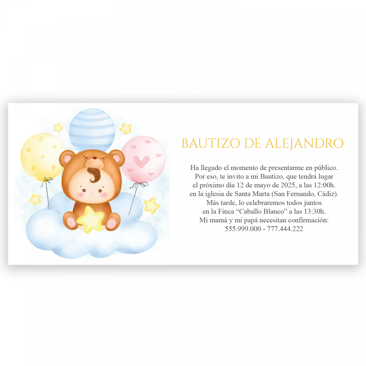 Invitation pour baptême de bébé dans un nuage avec des ballons et une enveloppe blanche