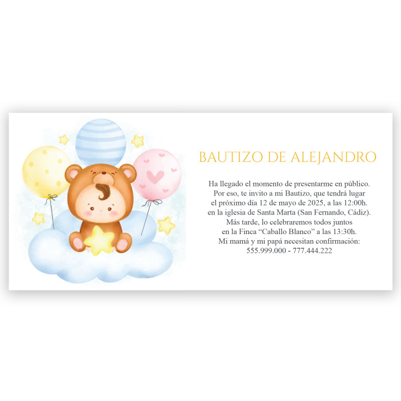 Invitation pour baptême de bébé dans un nuage avec des ballons et une enveloppe blanche