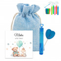 Minipompeur avec sucette dans un sac en tissu avec carte personnalisée pour baptêmes