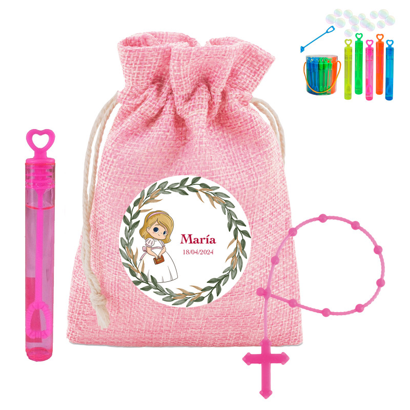 Chapelet d'enfant fuchsia avec mini-flacon dans un sac rose personnalisé pour la communion d'une fille
