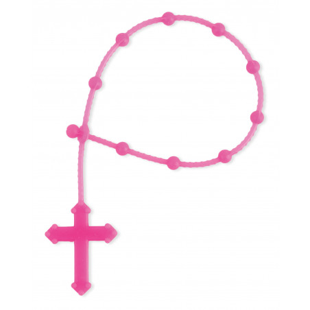 Chapelet d'enfant fuchsia avec mini-flacon dans un sac rose personnalisé pour la communion d'une fille