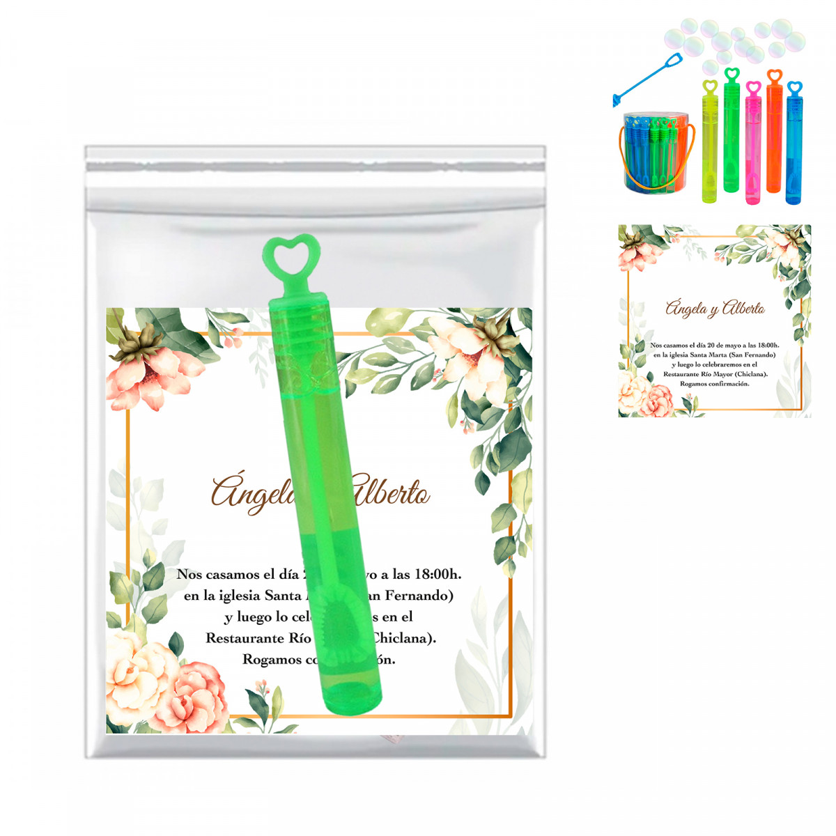 Minipompeur avec bouchon en forme de cœur et carte personnalisable dans un sac transparent pour les mariages