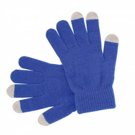 Gants tactiles bleus dans un sac métallisé avec adhésif personnalisable et éditable