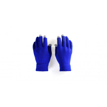 Gants tactiles bleus dans un sac métallisé avec adhésif personnalisable et éditable