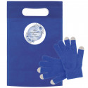 Gants tactiles bleus dans un sac métallisé avec adhésif personnalisable et éditable