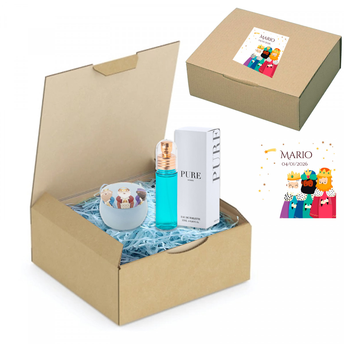 Parfum et boîte métallisée des rois mages dans une boîte de présentation avec un autocollant personnalisé pour un cadeau de Noël