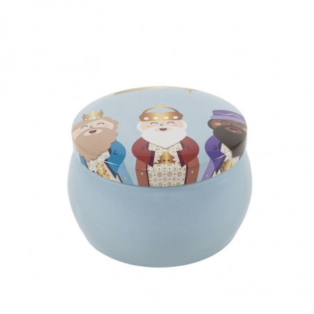 Parfum et boîte métallisée des rois mages dans une boîte de présentation avec un autocollant personnalisé pour un cadeau de Noël