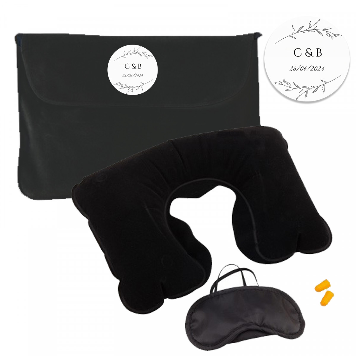Set de voyage en couleur noire avec autocollant minimaliste personnalisable pour les mariages