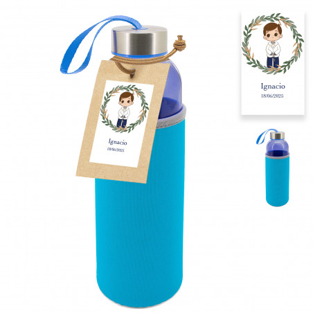 Bouteille bleue en verre avec étiquette personnalisée avec autocollant de communion pour garçon