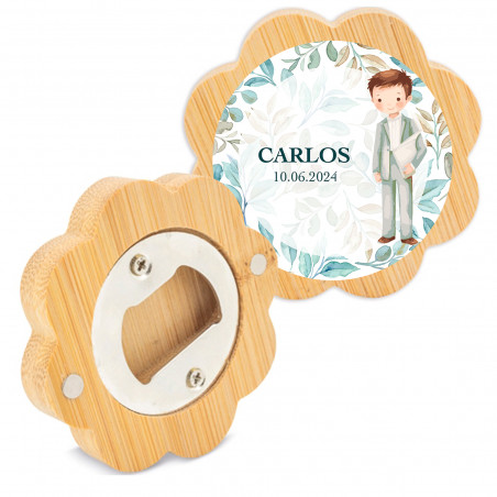 Ouvre-bouteille en bambou en forme de fleur et autocollant de communion enfant pour les détails