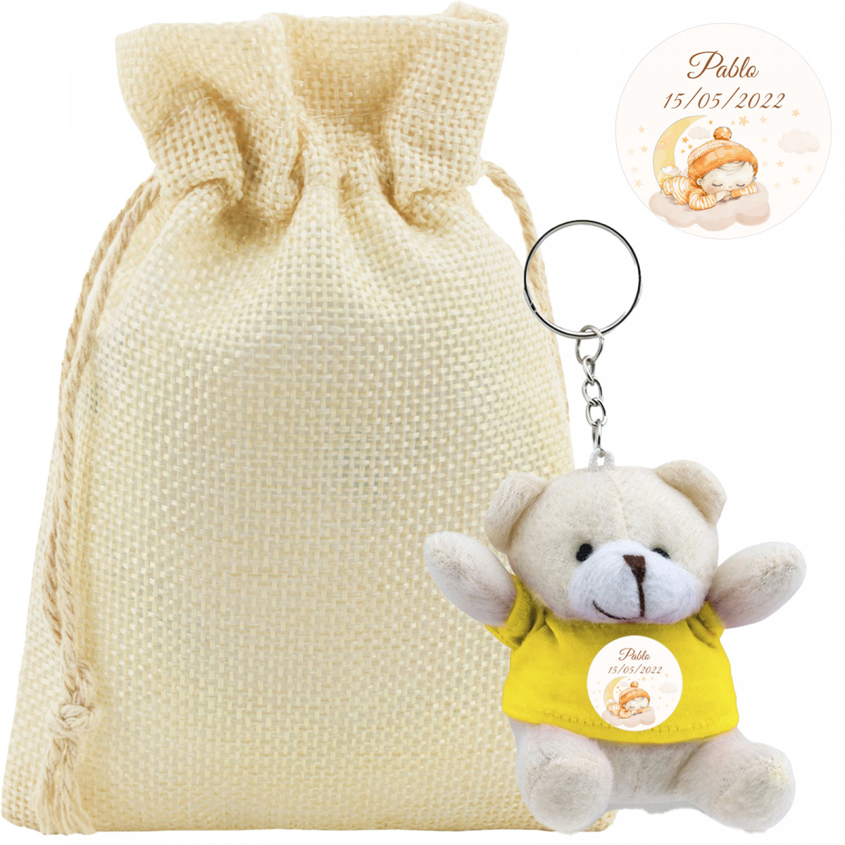 Porte-clé en peluche personnalisé dans un sac en tissu pour baptêmes