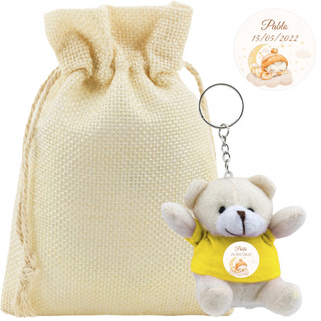 Porte-clé en peluche personnalisé dans un sac en tissu pour baptêmes