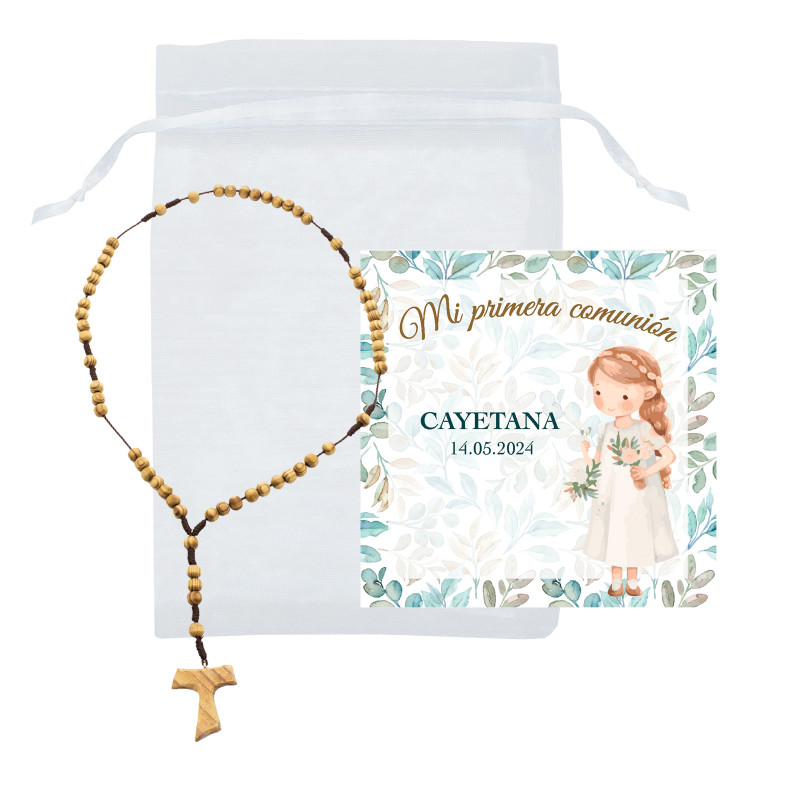 Rosaire en bois avec tau dans un sac en organza blanc et carte de rappel de communion pour fille