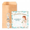 Porte-clés ange gardien avec carte de remerciement personnalisée dans une enveloppe kraft pour les détails de communion