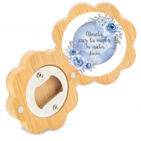 Ouvre-bouteille en bambou en forme de fleur avec adhésif personnalisable pour les détails