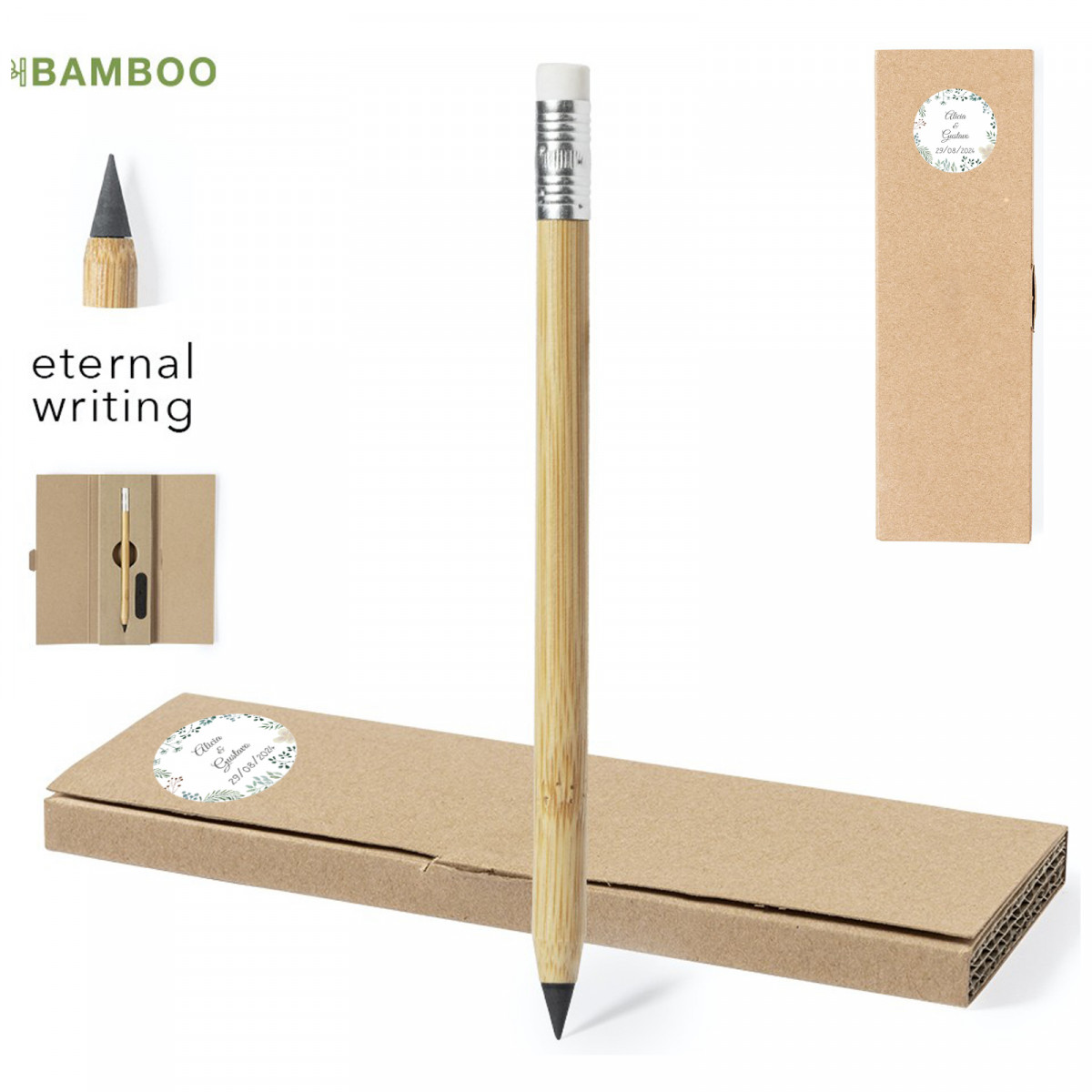 Crayon infini avec gomme dans une boîte en carton et autocollant personnalisé