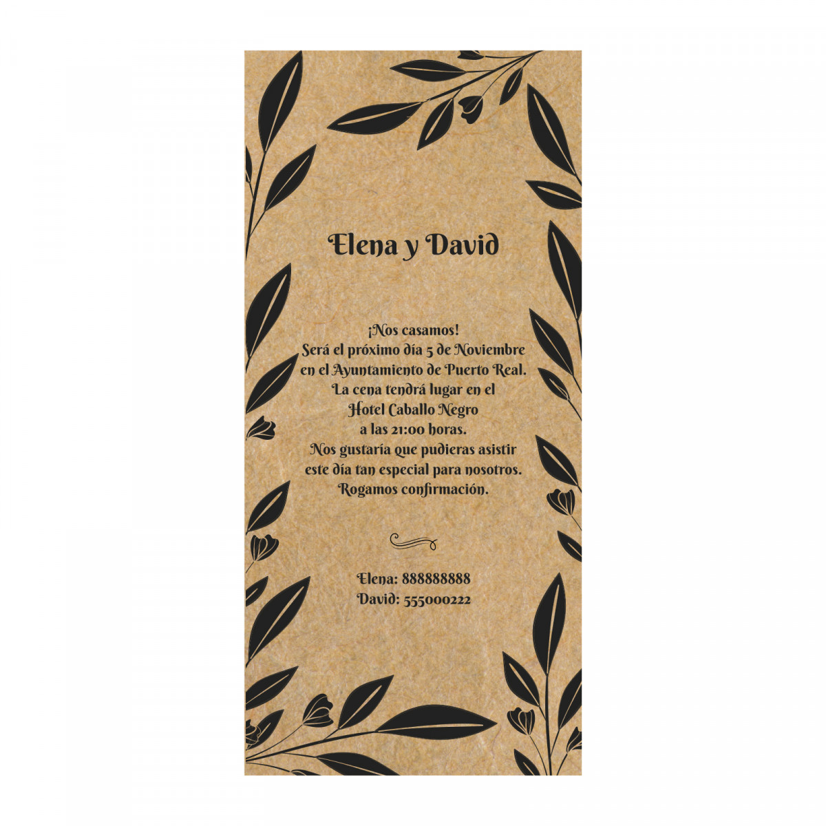 Invitation de mariage carte verticale avec design de plantes imprimée sur papier kraft