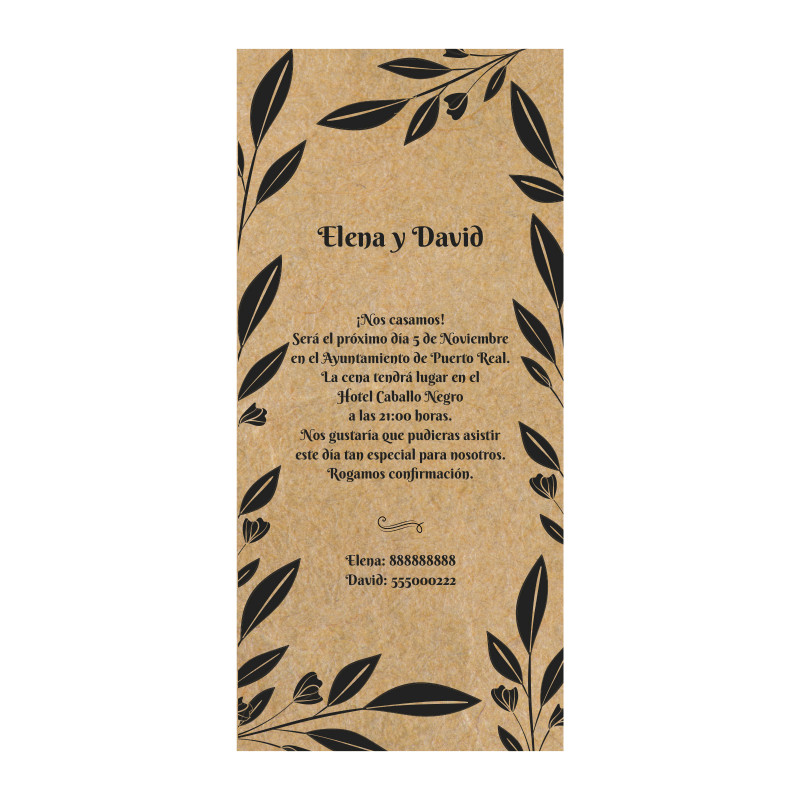 Invitation de mariage carte verticale avec design de plantes imprimée sur papier kraft