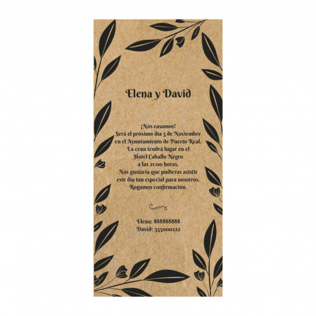 Carte verticale d invitation de mariage avec motif végétal imprimé sur papier kraft