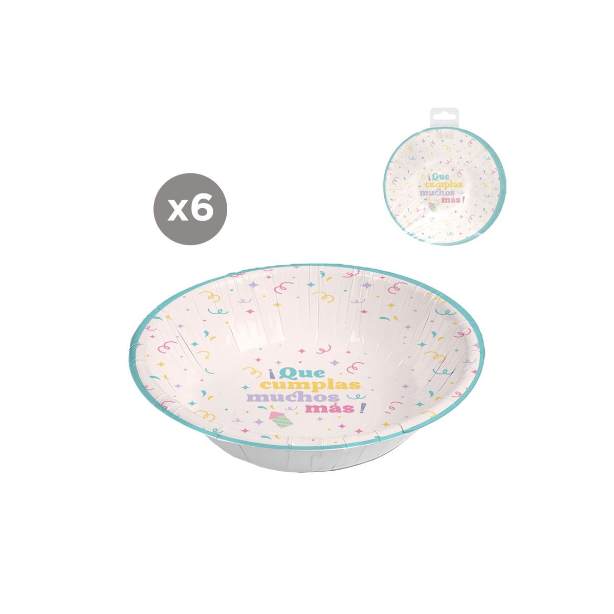 Bol en carton jetable pour anniversaire en pack de 6 unités
