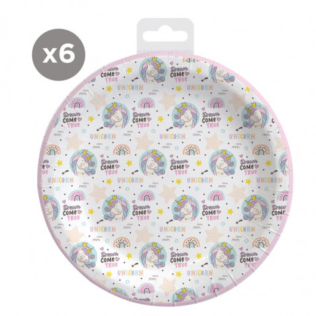 Assiettes jetables de licorne de 23 cm en pack de 6 unités