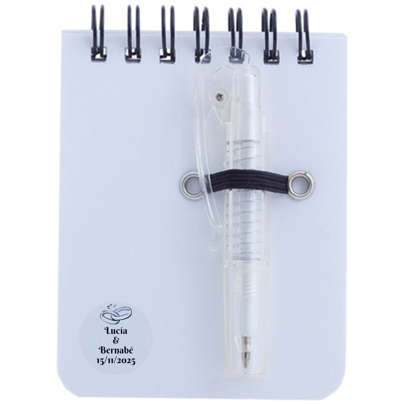 Cahier avec stylo blanc et autocollant de mariage personnalisable pour les détails de mariage