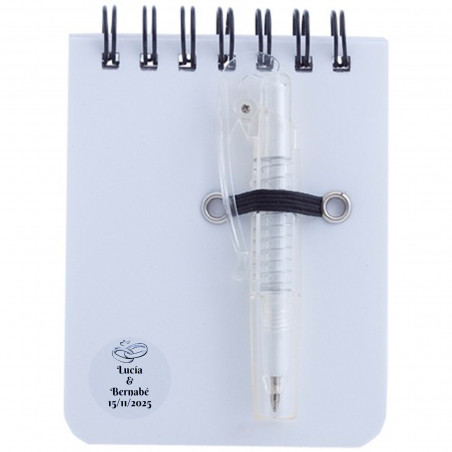 Cahier avec stylo blanc et autocollant de mariage personnalisable pour les détails de mariage