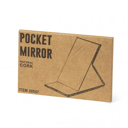 Miroir pliable en liège dans un sac kraft personnalisé avec un autocollant rond transparent pour un mariage