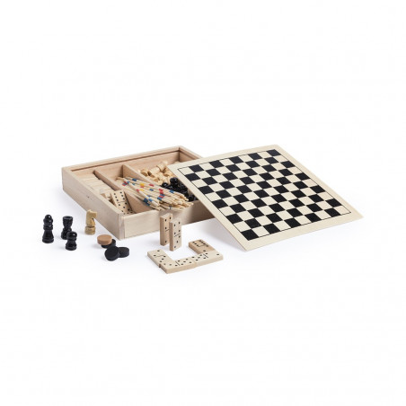 Set de jeux de société dans une boîte en bois personnalisée avec autocollant des Rois Mages et sac kraft détail de Noël
