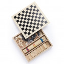 Set de jeux de société dans une boîte en bois personnalisée avec autocollant des Rois Mages et sac kraft détail de Noël