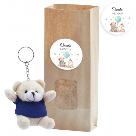 Porte-clés ours en peluche dans un sac en papier avec fenêtre et autocollant personnalisé pour baptêmes