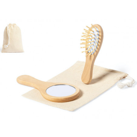 Miroir de poche et brosse en bois dans un sac en coton avec carte personnalisée pour les mariages