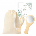 Miroir de poche et brosse en bois dans un sac en coton avec carte personnalisée pour les mariages