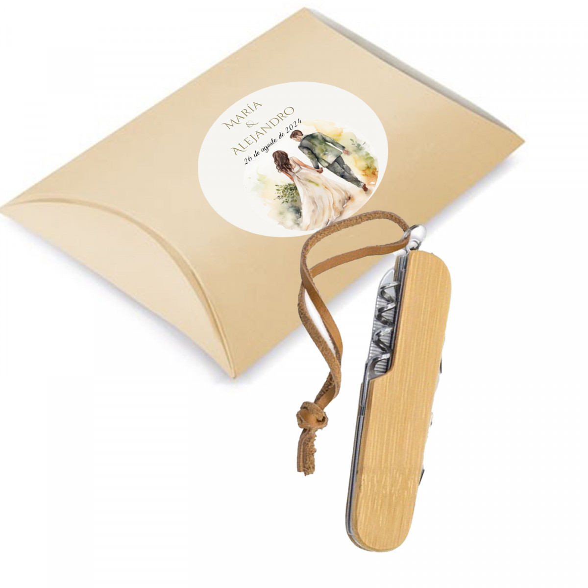 Couteau multifonction en bambou dans une boîte personnalisée pour mariage