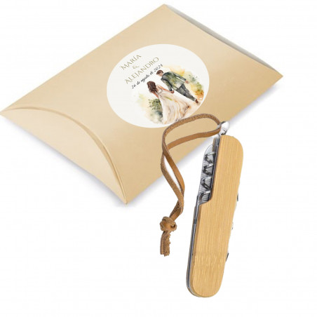 Couteau multifonction en bambou dans une boîte personnalisée pour mariage