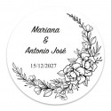 Adhésif rond personnalisable de 3 cm avec des fleurs en noir et blanc pour les mariages